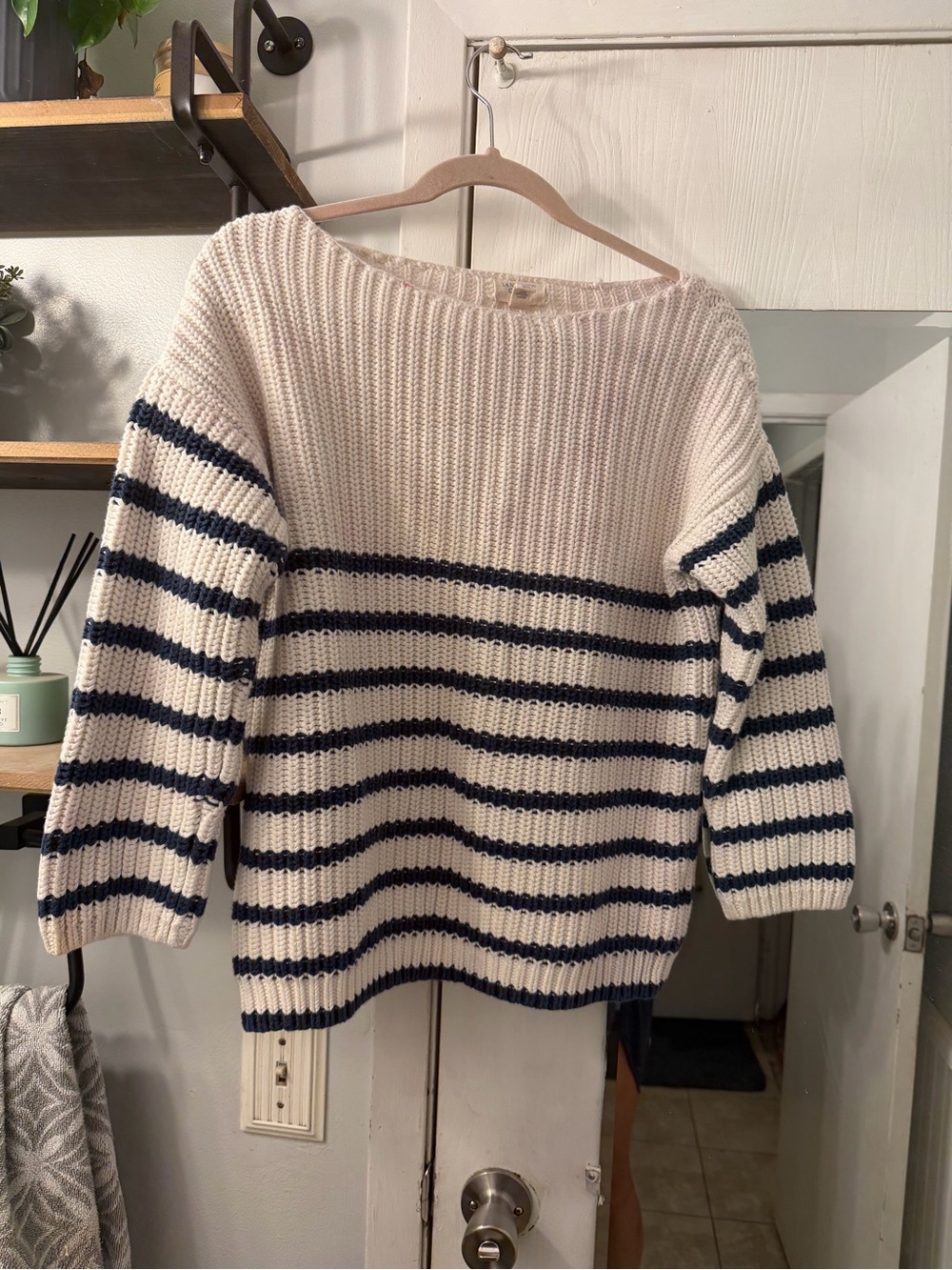 Lands' End Cream and Navy Striped Crew Sweater